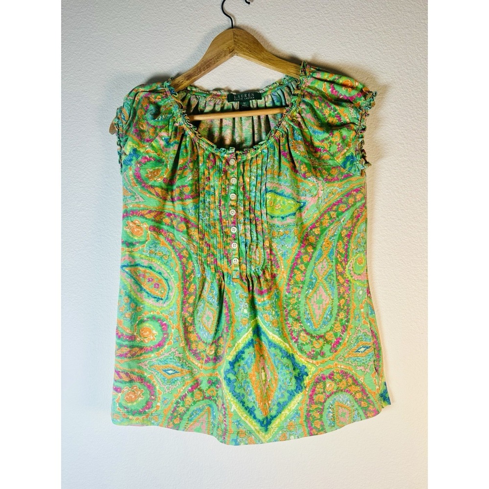 Ralph Lauren Green Paisley Women Top Shirt Blouse Medium